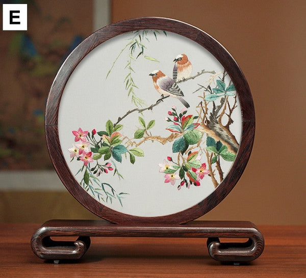 Flower and Bird Embroidery Ornaments, Unique Birthday Gift, Traditional Chinese Suzhou Silk Embroidered Ornament, Premium Souvenir, Exclusive Business Presents-artworkcanvas