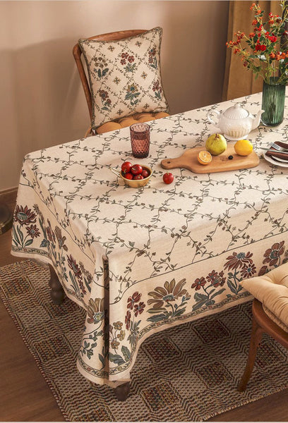 Farmhouse Table Cloth for Oval Table, Rustic Flower Pattern Linen Tablecloth for Kitchen Table, Modern Rectangle Tablecloth Ideas for Dining Room Table-artworkcanvas
