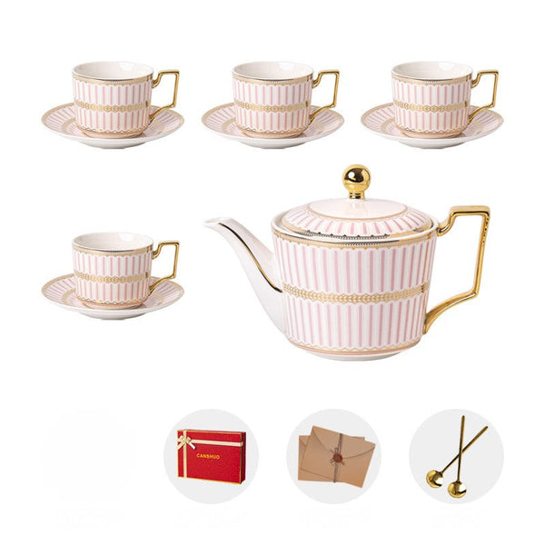 Ceramic Coffee Cups for Office, 7.4 oz British Tea Cups with Teapot, Modern Porcelain Cup and Saucer with Teapot, Pink Porcelain Tea Cup Set of 4 cups-artworkcanvas