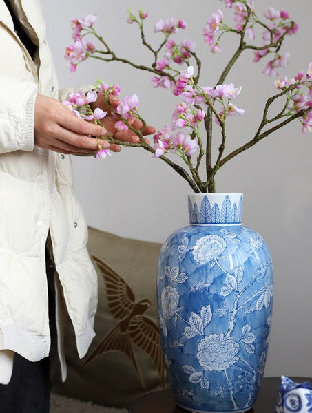 Large Flower Vases on Dining Table, Blue Porcelain Flower Vases, Centerpiece Ceramic Bouquet Vases, Handmade Modern Flower Vase-artworkcanvas