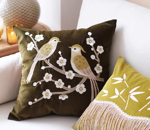 Embroidered birds cushion, Decorative Pillows for Couch, Vintage Decorative Pillows, Modern Throw Pillows for Bedroom, Decorative Pillow Arrangement Ideas for Couch-artworkcanvas