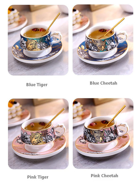 Handmade Ceramic Cups with Gold Trim and Gift Box, Jungle Tiger Cheetah Porcelain Coffee Cups, Creative Ceramic Tea Cup and Saucer-artworkcanvas