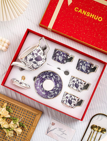 British Traditional Afternoon Tea Cup Set of 4 cups, 8 oz Ceramic Coffee Cup with Saucer in Gift Box, Porcelain Tea Cup and Saucer Set with Teapot-artworkcanvas