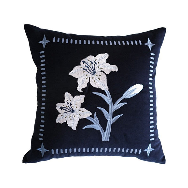 Dark Blue Lily Embroidered Cushion, Living Room Decorative Pillows, Decorative Pillow Arrangement Ideas for Couch, Large Decorative Pillows for Couch, Modern Throw Pillows for Bedroom-artworkcanvas