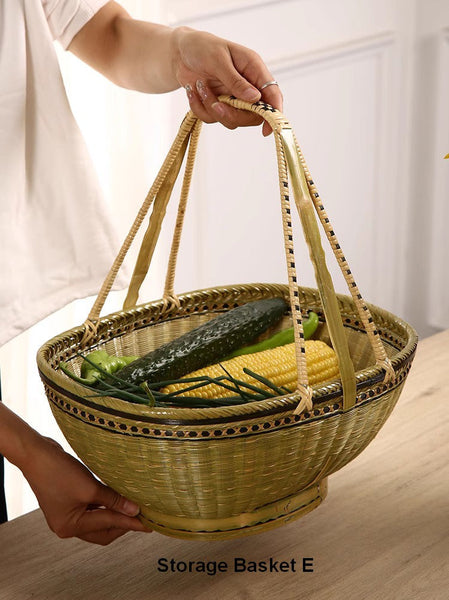Natural Hand-woven Bamboo Basket, Extra Large Picnic Food Basket with Handle, Lovely Bamboo Baskets for Vegetable, Natural Fruit Basket Kitchen Storage Baskets-artworkcanvas