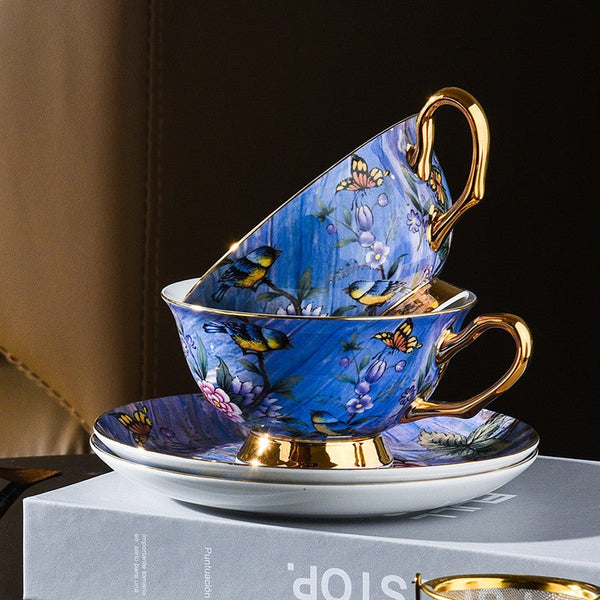 Blue Bird and Butterfly Porcelain Tea Cup Saucer Set, 7.4 oz British Tea Cup and Saucer in Gift Box, Elegant British Ceramic Coffee Cups-artworkcanvas