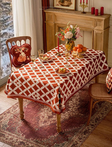 Holiday Red Tablecloth for Dining Table, Rabbit Pattern Table Cover for Dining Room Table, Modern Rectangle Tablecloth for Oval Table-artworkcanvas