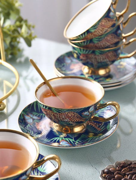 Creative Leopard Ceramic Coffee Cups, Unique Tea Cups and Saucers in Gift Box as Birthday Gift, Beautiful British Tea Cups, Creative Bone China Porcelain Tea Cup Set-artworkcanvas