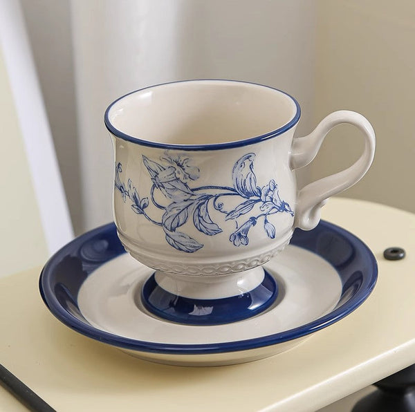 Creative Blue Coffee Cup and Saucer, 8 oz Ceramic Cups for Traditional Afternoon Tea, Creative Porcelain Tea Cup Saucer Set, Beautiful British Tea Cups-artworkcanvas