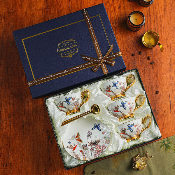 Ceramic Coffee Cups in Gift Box, Butterfly Pattern Porcelain Tea Cup and Saucer Set, British Traditional Afternoon Tea Cup and Saucer Set-artworkcanvas