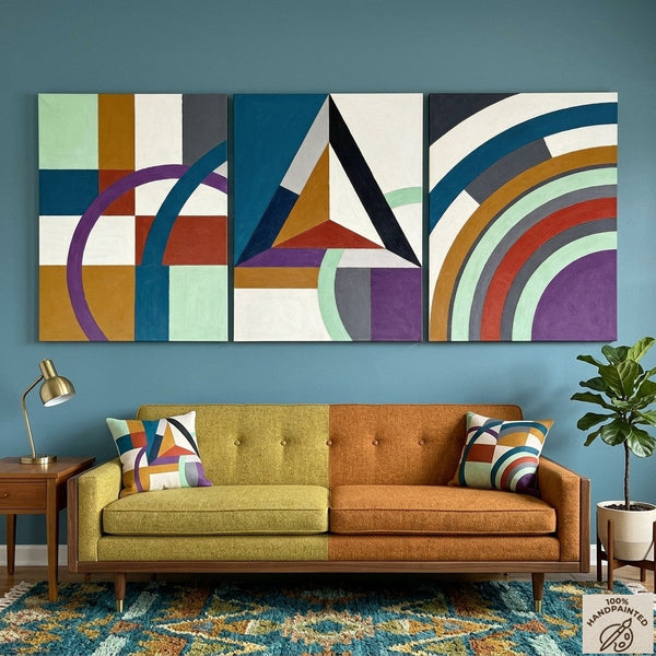 Multi Panel Canvas Art, Geometric Pattern Contemporary Artwork, Abstract Paintings for Mid Century Modern Living Room-artworkcanvas