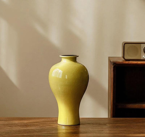Porcelain Flower Vases, Handmade Water Holding Flower Vase, Yellow Flower Vases on Table, Ceramic Bud Vases-artworkcanvas
