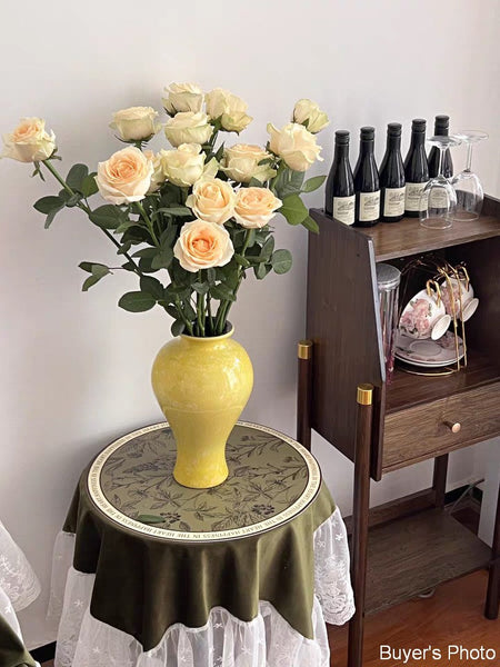 Porcelain Flower Vases, Handmade Water Holding Flower Vase, Yellow Flower Vases on Table, Ceramic Bud Vases-artworkcanvas