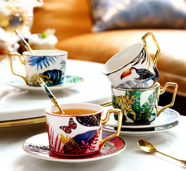 Butterfly Pattern Porcelain Coffee Cups, 7.4 oz Coffee Cups with Gold Trim and Gift Box, Tea Cup and Saucer-artworkcanvas