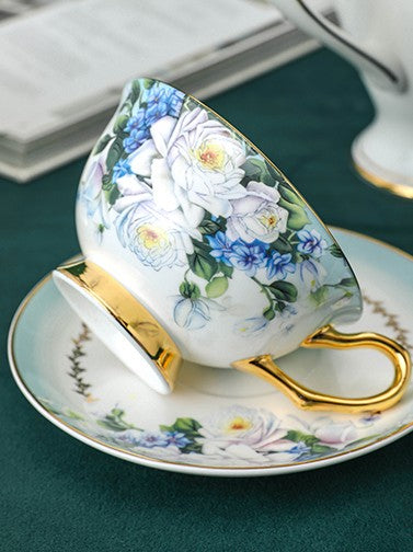 Elegant British Ceramic Coffee Cups, 7.4 oz Tea Cup and Saucer in Gift Box, Royal Porcelain Tea Cup Saucer Set, Rose Flower Pattern Ceramic Cups-artworkcanvas