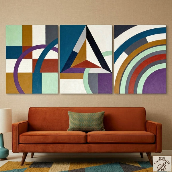 Multi Panel Canvas Art, Geometric Pattern Contemporary Artwork, Abstract Paintings for Mid Century Modern Living Room-artworkcanvas