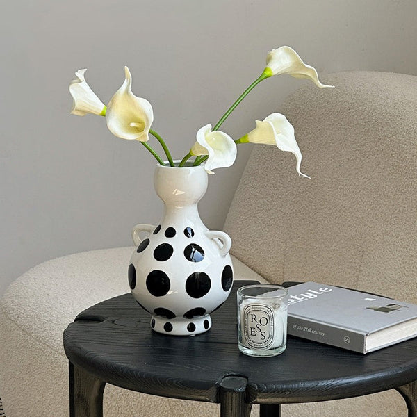 Ceramic Bud Vases, Small Flower Vases on Table, Black and White Polka Dot Flower Vase, Modern Porcelain Flower Vases, Handmade Water Holding Flower Vases-artworkcanvas