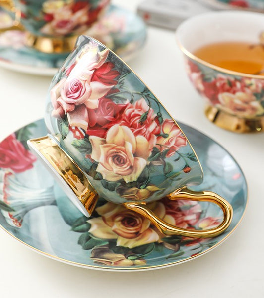 Rose Royal Ceramic Cups, Elegant Flower Ceramic Coffee Cups, Afternoon Porcelain Tea Cup Saucer Set, 6.8 oz Tea Cup and Saucer in Gift Box-artworkcanvas
