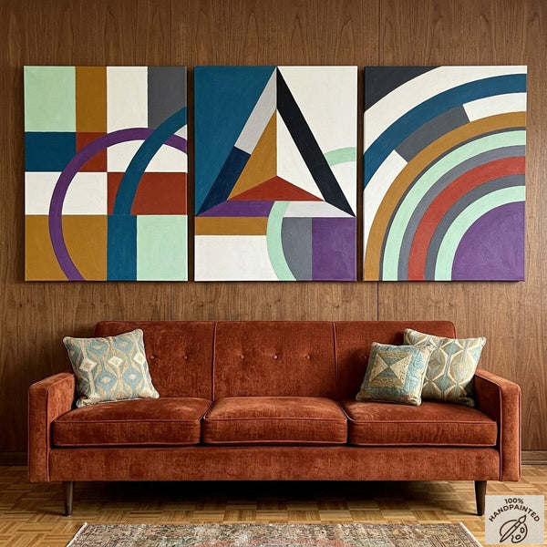 Multi Panel Canvas Art, Geometric Pattern Contemporary Artwork, Abstract Paintings for Mid Century Modern Living Room-artworkcanvas