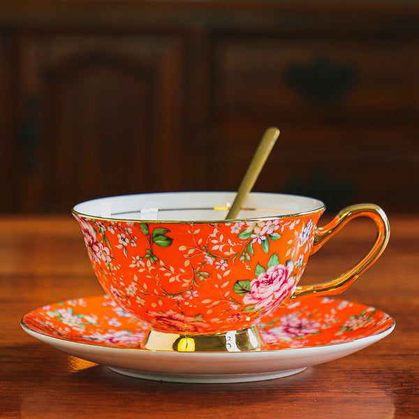 Porcelain Tea Cup Saucer Set of 2 Cups, Floral Ceramic Coffee Cup with Saucer, Beautiful British Tea Cup and Saucer, Flower Tea Cup and Saucer Set in Gift Box-artworkcanvas