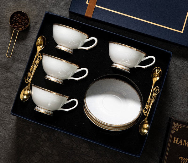 Porcelain Coffee Cup Set, White Ceramic Cups, 7.8 oz British Ceramic Coffee Cups, Unique Tea Cup and Saucer in Gift Box-artworkcanvas