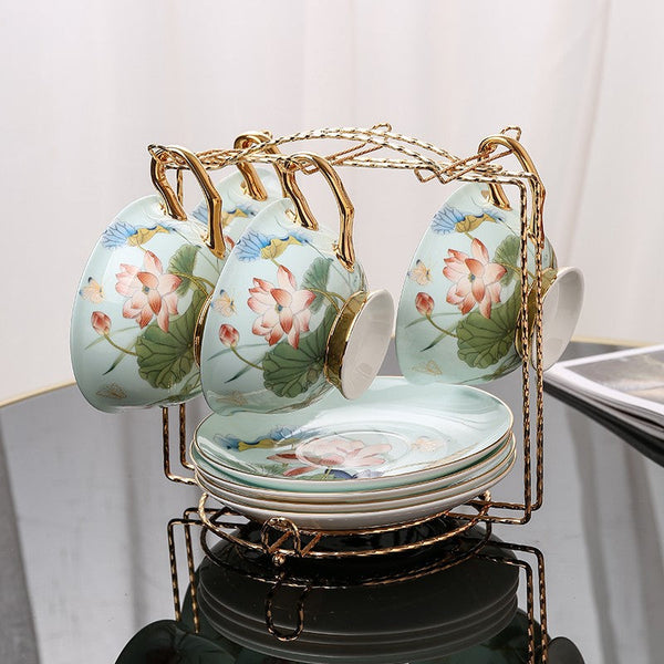 Unique British Tea Cup and Saucer in Gift Box, Lotus Flower Porcelain Tea Cup Saucer Set, Elegant British Ceramic Coffee Cups-artworkcanvas