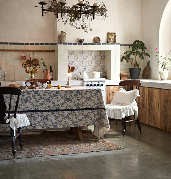 Extra Large Vintage Rectangle Tablecloth for Dining Room Table, Rustic Farmhouse Table Cover for Kitchen, French Flower Pattern Tablecloth for Round Table-artworkcanvas