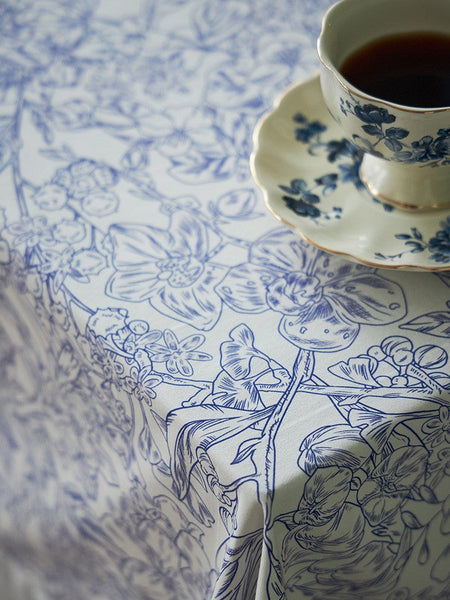 Cotton Rectangle Tablecloth for Dining Room Table, Natural Spring Farmhouse Table Cloth, Blue Flower Pattern Cotton Tablecloth, Square Tablecloth for Round Table-artworkcanvas