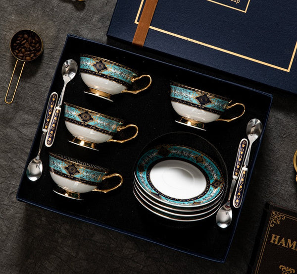 Elegant British Ceramic Coffee Cups, 7.4 oz Porcelain Tea Cup Set for Office, Unique Tea Cup and Saucer in Gift Box-artworkcanvas