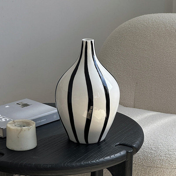 Water Holding Flower Vases, Black and White Striped Ceramic Vase, Porcelain Flower Vases, Modern Flower Vases on Table-artworkcanvas