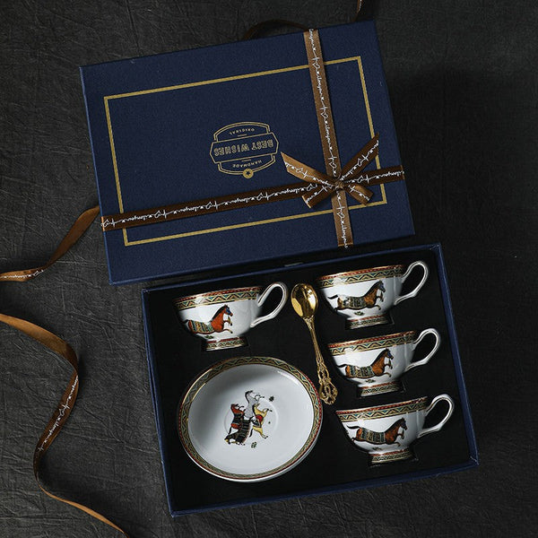 Porcelain Tea Cup and Saucer Set, 7.4 oz British Horse Pattern Coffee Cup with Saucer, Ceramic Tea Cup and Saucer in Gift Box-artworkcanvas