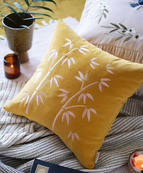 Large Decorative Pillows for Couch, Modern Throw Pillows for Bedroom, Living Room Decorative Pillows, Yellow Embroidered Bamboo Cushion, Decorative Pillow Arrangement Ideas for Couch-artworkcanvas