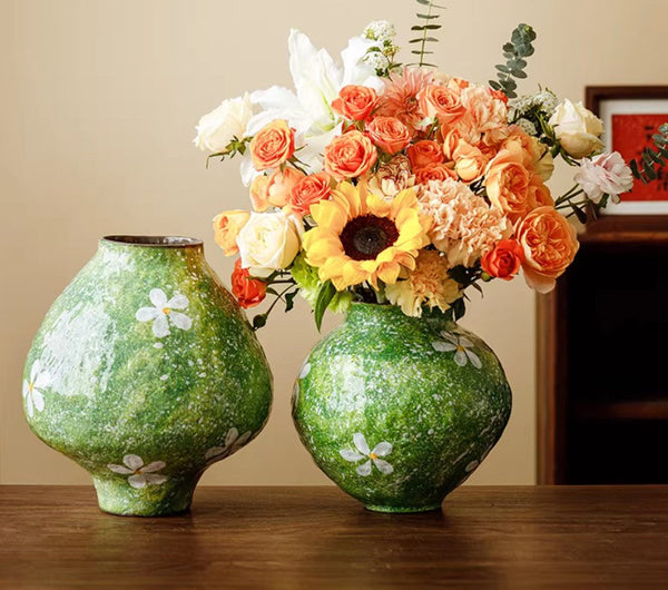 Modern Pottery Flower Vases, Centerpiece on Dining Table, Handmade Water Holding Flower Vases, Pottery Bud Vases, Large Green Flower Vases on Table-artworkcanvas