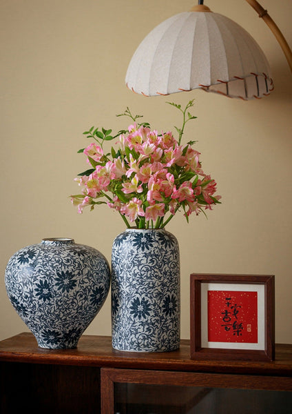 Vintage Bouquet Flower Vases, Centerpiece on Dining Table, Large Blue Flower Vase on Table, Handmade Porcelain Flower Vases Urn, Water Holding Flower Vases-artworkcanvas
