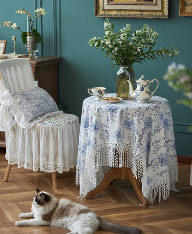 Flower Lace Tablecloth for Dining Room Table, Natural Spring Farmhouse Rectangle Table Cloth for Home Decoration, Square Tablecloth for Round Table-artworkcanvas