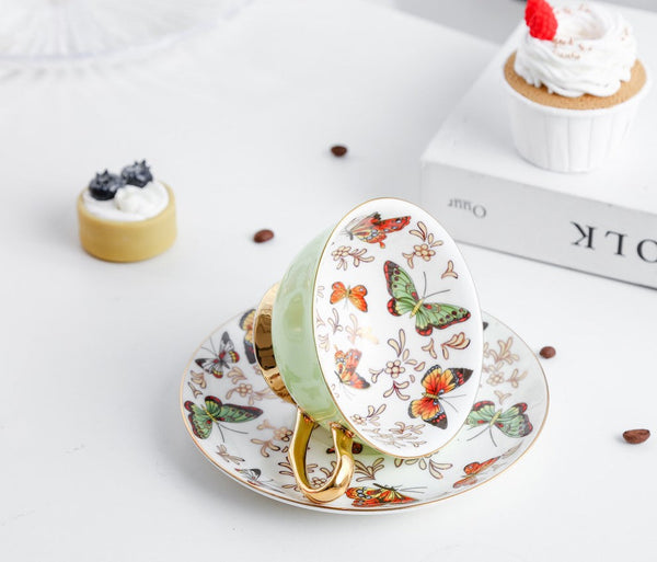 Unique Butterfly Coffee Cups and Saucers, Creative Butterfly Ceramic Coffee Cups, Beautiful British Tea Cups, Creative Bone China Porcelain Tea Cup Set-artworkcanvas