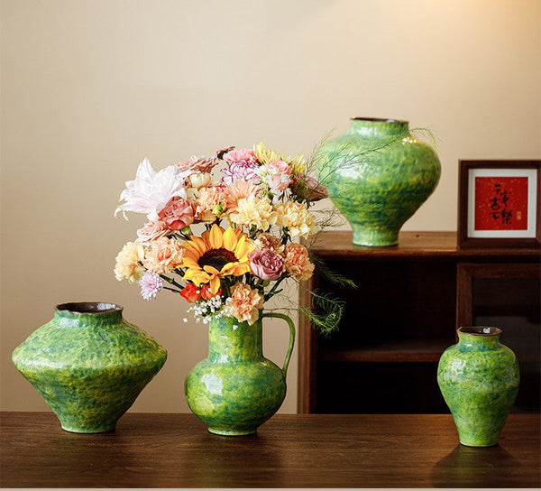 Centerpiece on Dining Table, Modern Pottery Flower Vases, Handmade Water Holding Flower Vases, Pottery Bud Vases, Large Green Flower Vases on Table-artworkcanvas