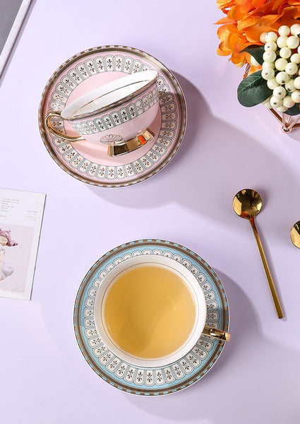Royal Blue and Pink Porcelain Tea Cup Saucer Set, Tea Cup and Saucer in Gift Box, Elegant Ceramic Coffee Cups, Beautiful British Tea Cups-artworkcanvas