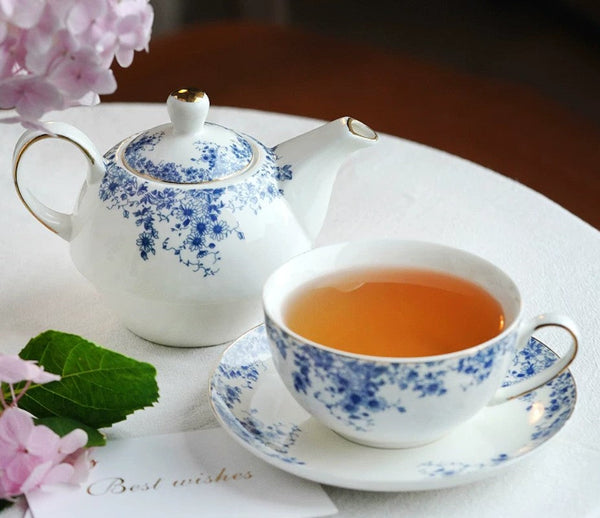 British Style Porcelain Teapot with Matching Cup and Saucer in Gift Box, Ceramic Tea Pot with Integrated Cup, Stackable Teapot and Cup Set, Mother-and-Baby Teapot with Matching Saucer-artworkcanvas