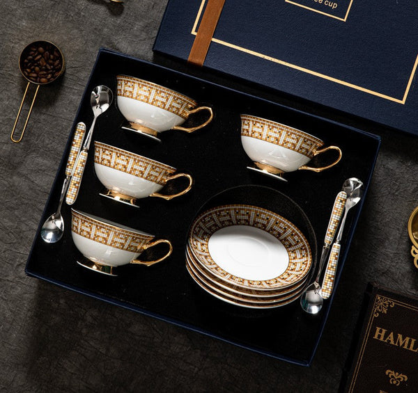 Handmade Elegant British Ceramic Coffee Cups, 6.8 oz Tea Cup and Saucer in Gift Box, Porcelain Tea Cup Set for Office, Yellow Ceramic Cups-artworkcanvas