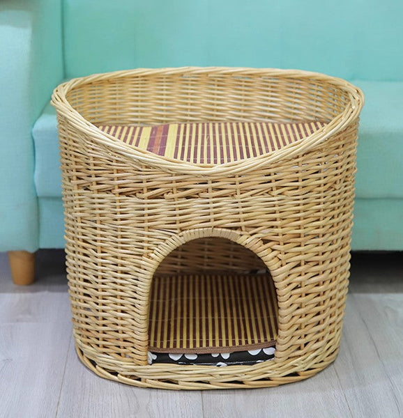 Washable Wicker Cat Bed, Wicker Cat House with Washable Cushion for Indoor Cats and Dogs-artworkcanvas
