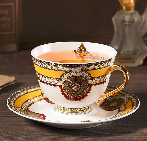 Handmade Beautiful British Tea Cups, Creative Porcelain Tea Cup Saucer Set, Yellow Royal Ceramic Coffee Cups, 6.8 oz Tea Cup and Saucer-artworkcanvas