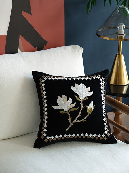Decorative Pillow Arrangement Ideas for Couch, Magnolia Embroidered Cushion, Large Decorative Pillows for Couch, Modern Throw Pillows for Bedroom, Living Room Decorative Pillows-artworkcanvas