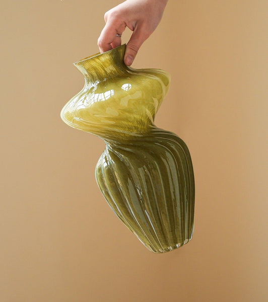 Handmade Contemporary Glass Vases, Modern Green Vases for Living Room, Mid Century Vases for Flowers, Unique Decorative Glass Vase, Centerpiece Vases on Table-artworkcanvas