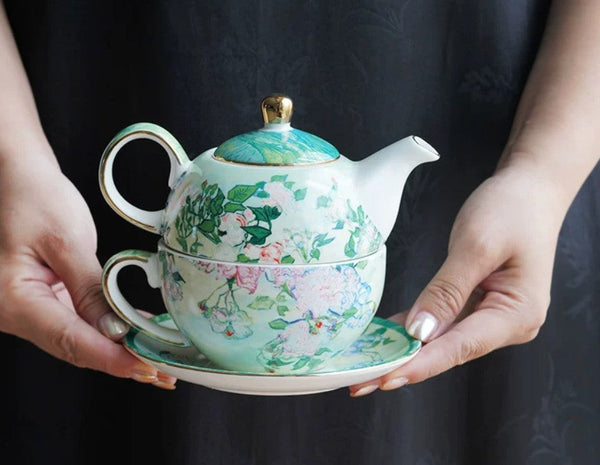 Vintage Style Stackable Tea Pot Set, English Style Tea Pot and Cup Set, Ceramic Tea Pot with Integrated Cup, Mother-and-Baby Teapot with Matching Saucer-artworkcanvas