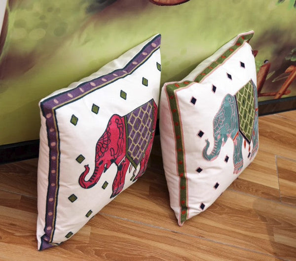 Elephant Embroider Cotton Pillow Covers, Farmhouse Decorative Sofa Pillows, Cotton Decorative Pillows, Decorative Throw Pillows for Couch-artworkcanvas