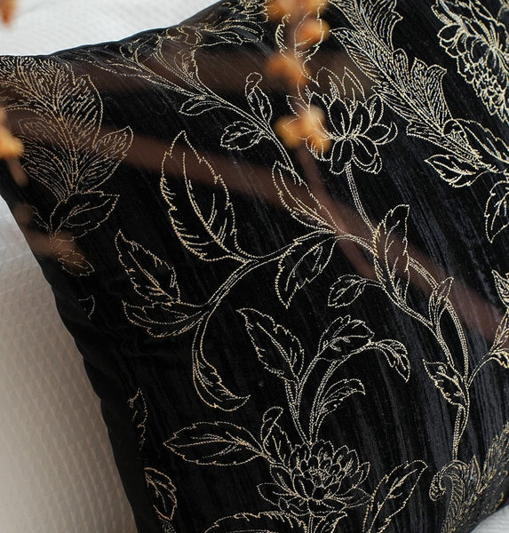 Contemporary Modern Sofa Pillows, Black Embroidery Flower Pattern Pillows for Couch, Decorative Throw Pillows for Bedroom, Large Modern Sofa Pillow for Dining Room-artworkcanvas