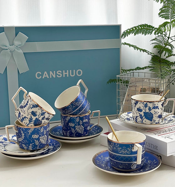 Ceramic Coffee Cup with Saucer in Gift Box, 8 oz Blue Porcelain Tea Cup and Saucer Set of 4 cups, British Traditional Afternoon Tea Cup Set with Teapot-artworkcanvas