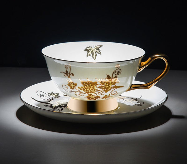 Golden Leaves and Grapes Porcelain Tea Cup Saucer Set, 7.4 oz British Tea Cup and Saucer in Gift Box, Elegant British Ceramic Coffee Cups-artworkcanvas
