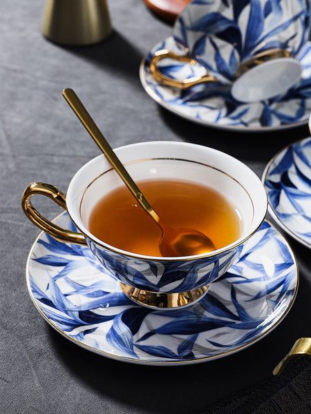 Blue Porcelain Tea Cup Saucer Set, 7.4 oz British Ceramic Coffee Cups, Unique British Tea Cup and Saucer in Gift Box-artworkcanvas